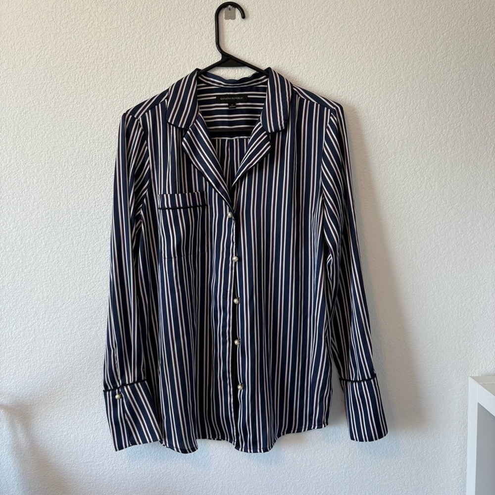 Banana Republic Satin Striped Button Down Pajama Top with Pearl Accents